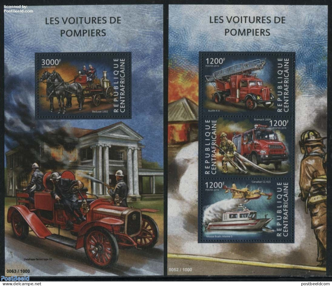 Central Africa 2015 Fire Brigade Vehicles 2 S/s, Mint NH, Nature - Transport - Horses - Automobiles - Coaches - Fire F.. - Auto's
