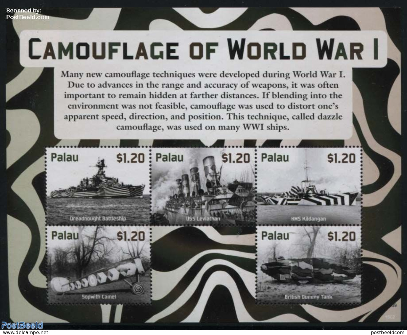 Palau 2015 Camouflage Of World War I 5v M/s, Mint NH, History - Transport - Automobiles - Aircraft & Aviation - Ships .. - Cars