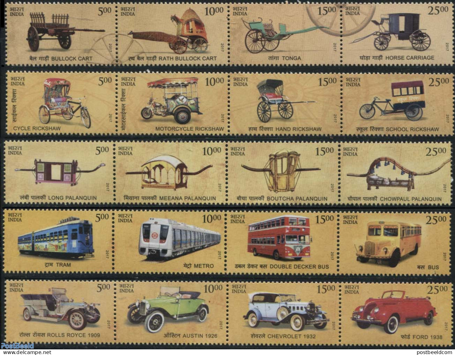 India 2017 Means Of Transport Through The Ages 20v (5x [:::]), Mint NH, Sport - Transport - Cycling - Automobiles - Co.. - Ungebraucht