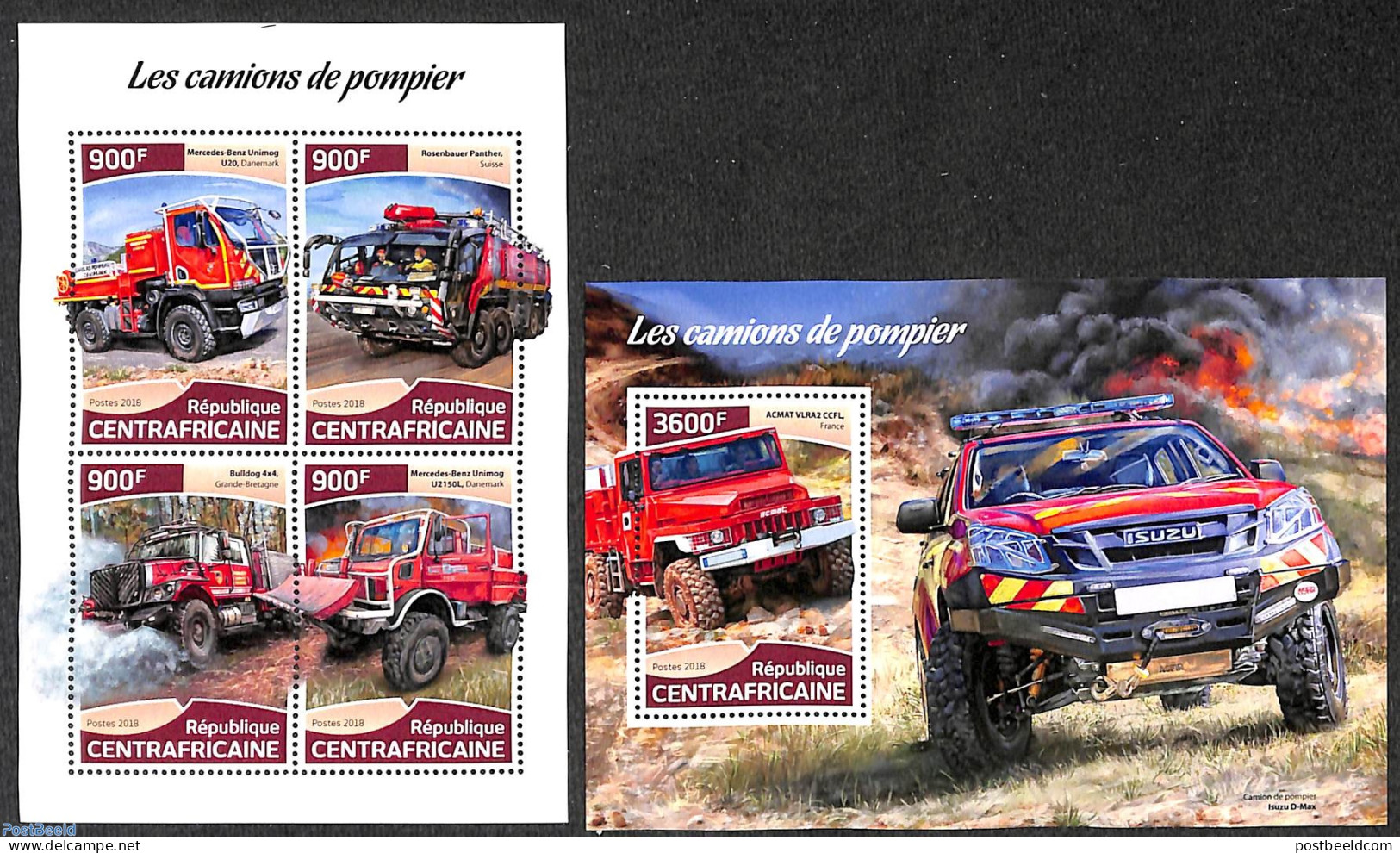 Central Africa 2018 Fire Engines 2 S/s, Mint NH, Transport - Automobiles - Fire Fighters & Prevention - Voitures