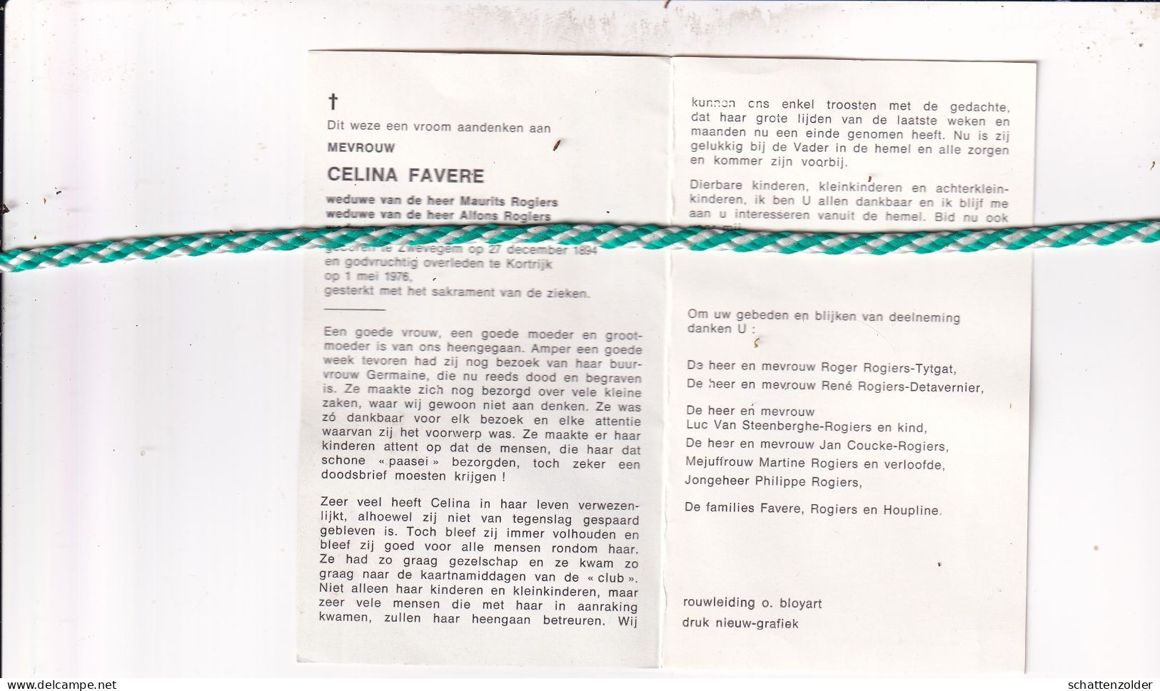 Celina Favere-Rogiers-Verriest, Zwevegem 1894, Kortrijk 1976 - Obituary Notices