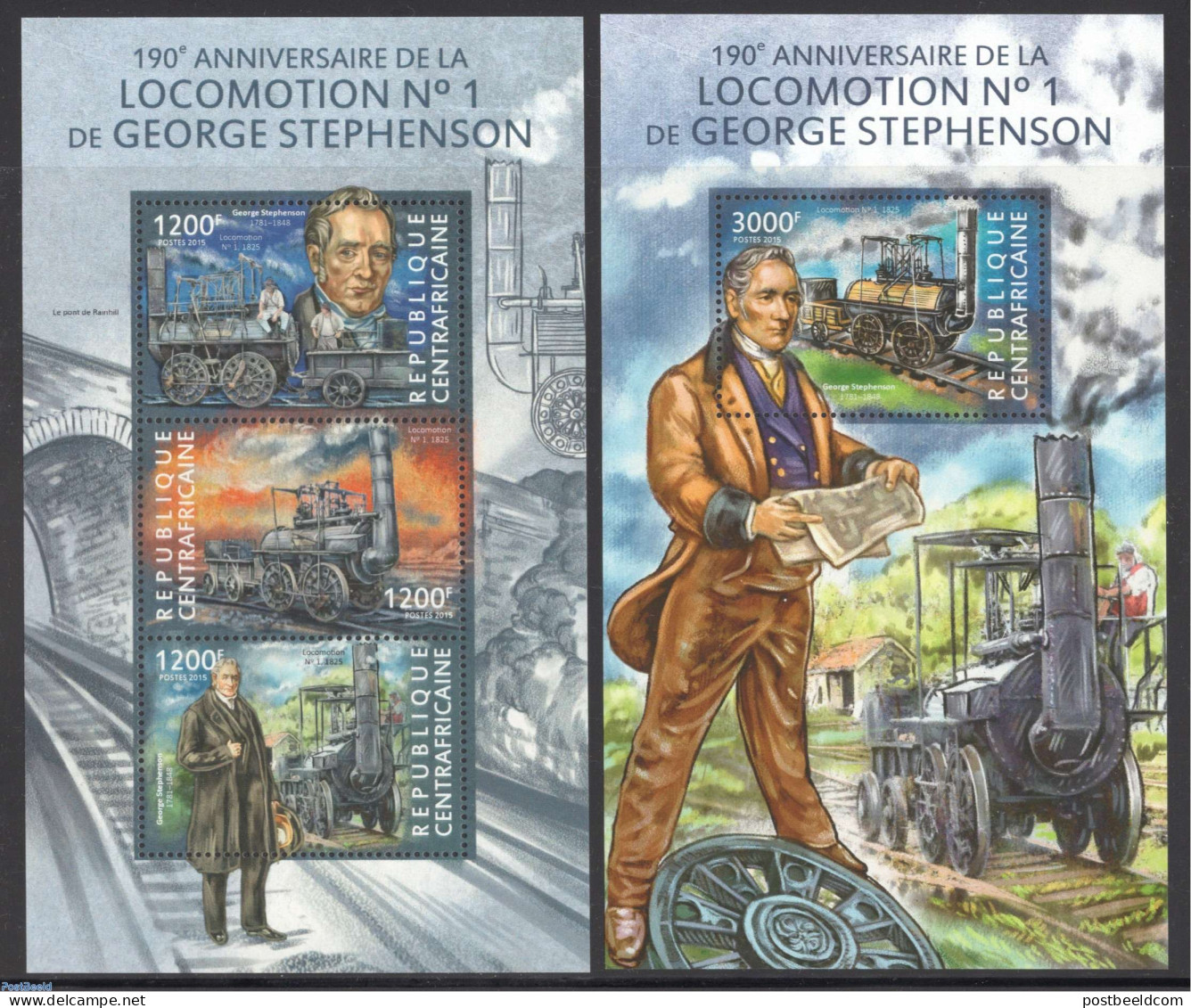 Central Africa 2015 Railways Stephenson 2 S/s, Mint NH, Transport - Railways - Trains