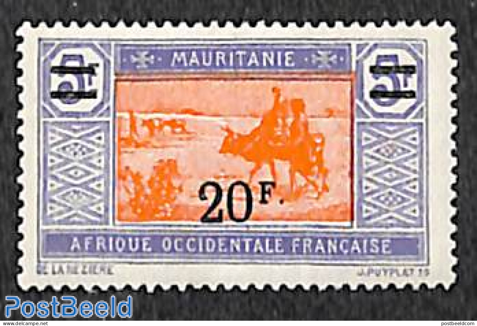 Mauritania 1922 20f On 5f, Stamp Out Of Set, Mint NH, Nature - Cattle - Other & Unclassified