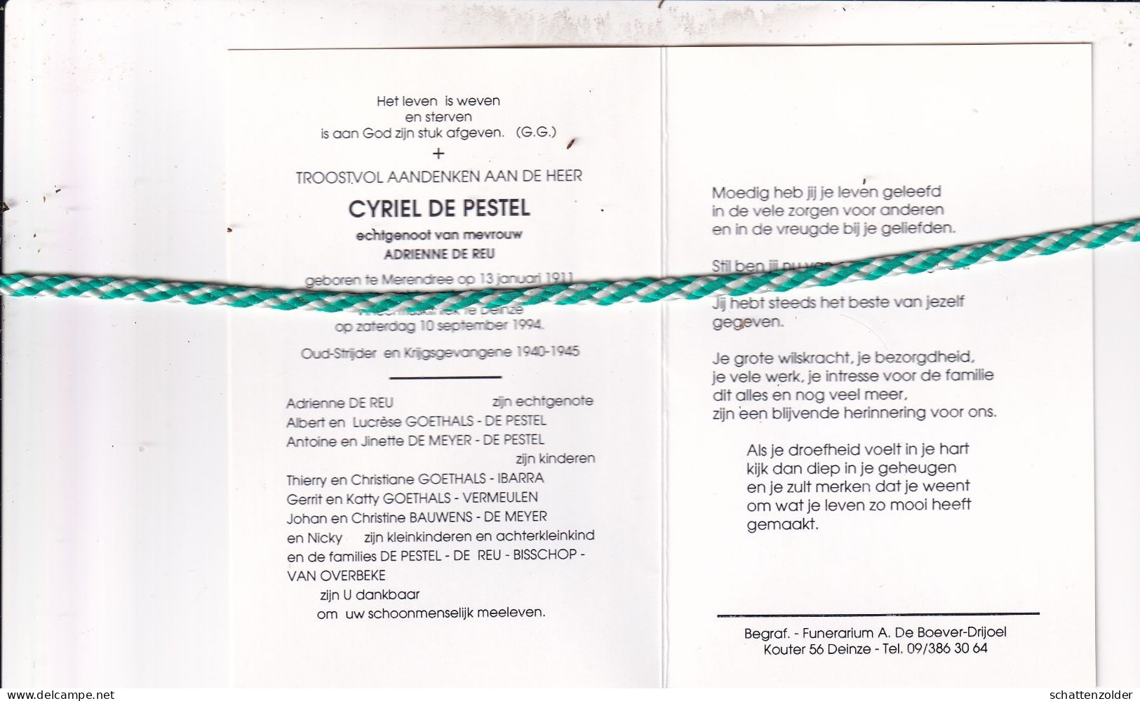 Cyriel De Pestel-De Reu, Merendree 1911, Deinze 1994. Oud-strijder 40-45, Foto - Obituary Notices