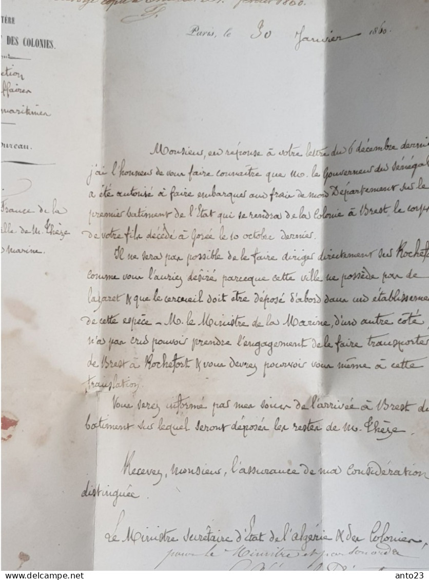 lettre du ministère de l Algérie et des colonies 30 janvier 1860 marque postale - concernant chirurgien de la marine -