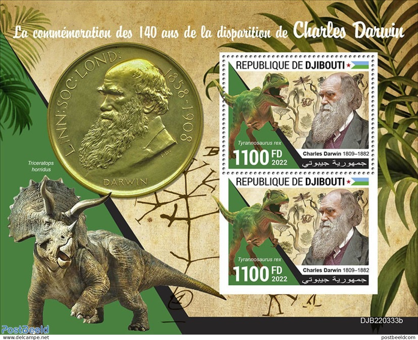 Djibouti 2022 140th Memorial Anniversary Of Charles Darwin, Mint NH, Nature - Prehistoric Animals - Vor- U. Frühgeschichte