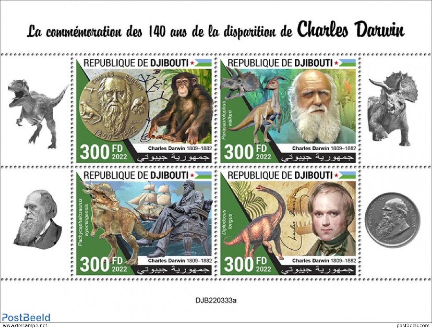 Djibouti 2022 140th Memorial Anniversary Of Charles Darwin, Mint NH, Nature - Prehistoric Animals - Vor- U. Frühgeschichte