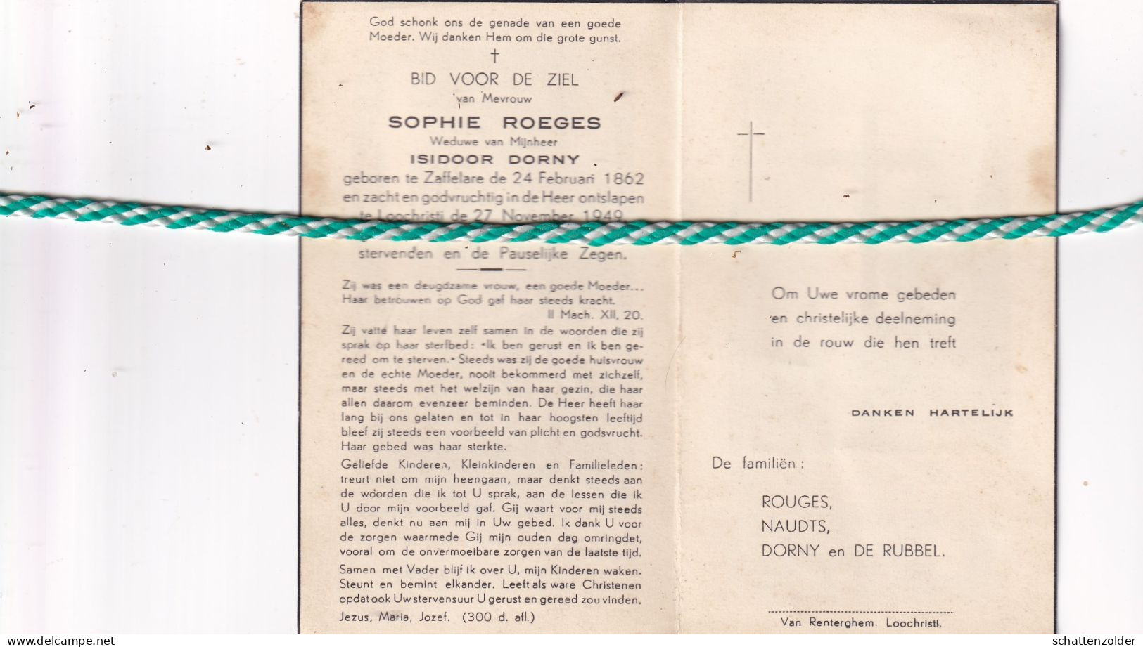 Sophie Roeges-Dorny, Zaffelare 1862, Lochristi 1949 - Décès