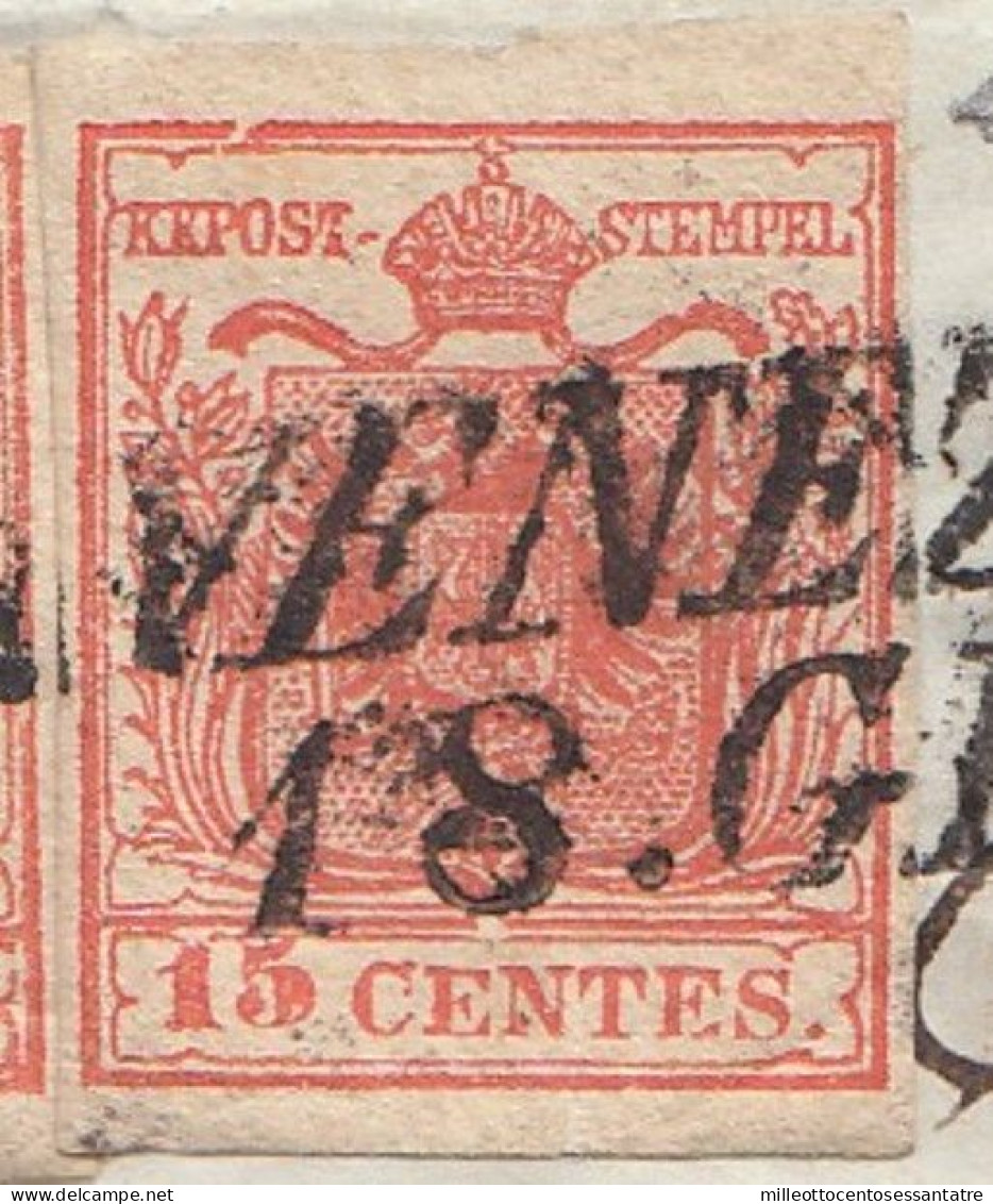 1786  -LOMBARDO VENETO - Lettera "con Campione"  Del 1851 ? Da Venezia A Milano Con Coppia C. 15 + 15 Rosso Vermiglio - Lombardo-Vénétie