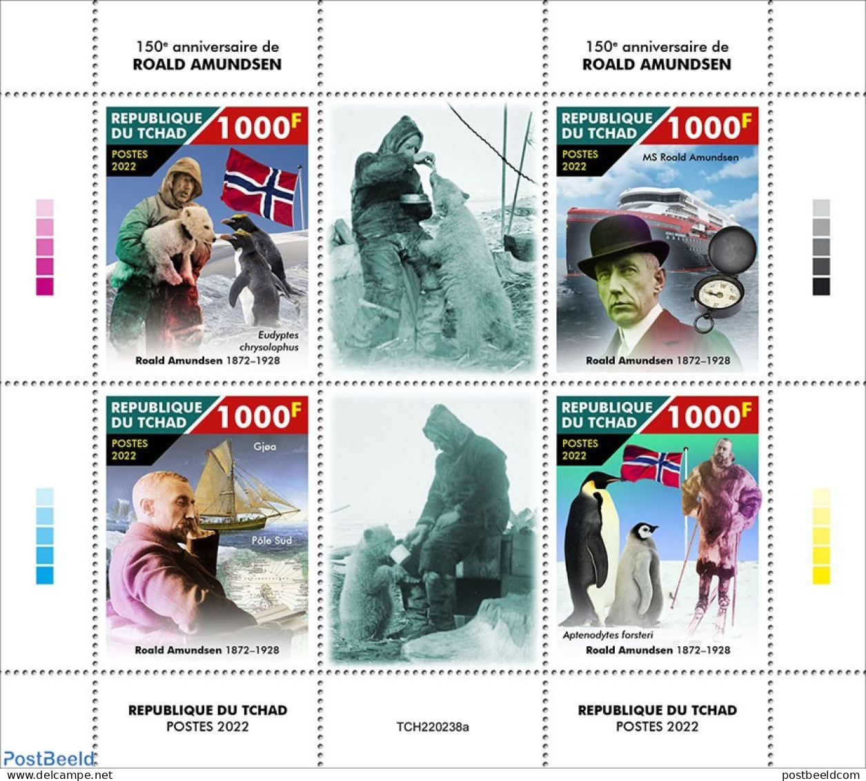 Chad 2022 150th Anniversary Of Roald Amundsen, Mint NH, History - Nature - Transport - Explorers - Flags - Bears - Dog.. - Sonstige & Ohne Zuordnung