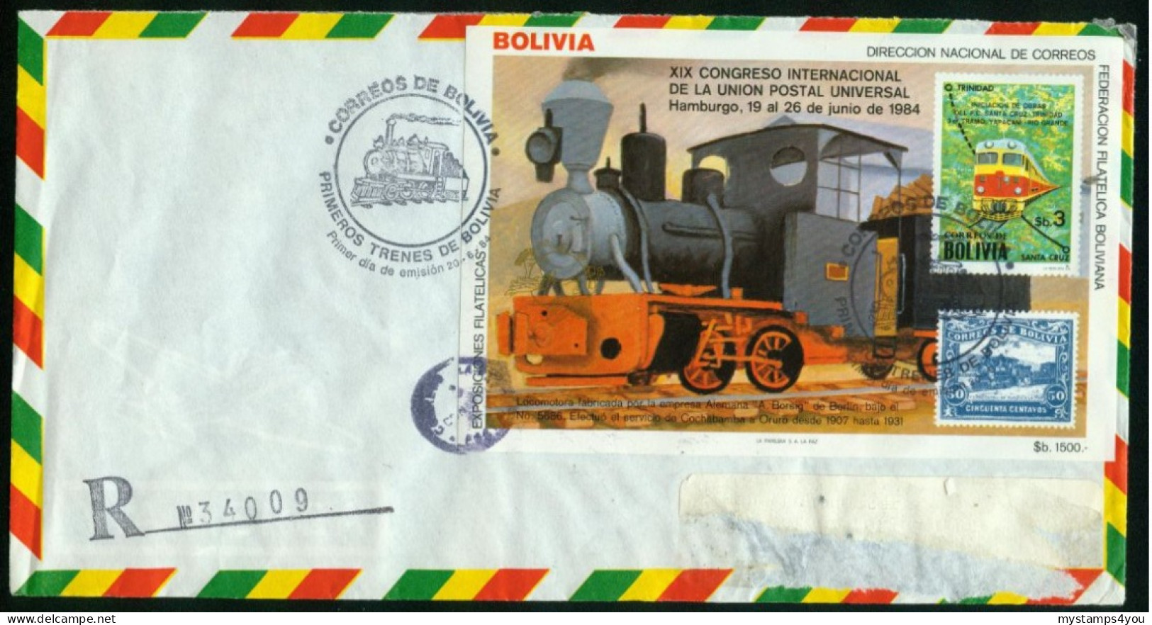 Br Bolivia, La Paz 1984 Registered Cover (MiNr Block 138 Sheet "19th UPU Congress, Hamburg") #bel-1069 - Bolivia