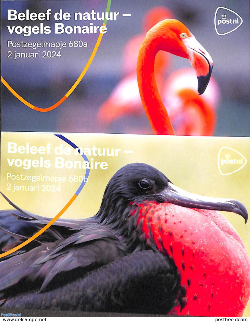 Netherlands 2024 Birds From Bonaire, Presentation Pack 680a+b, Mint NH, Nature - Birds - Flamingo - Unused Stamps