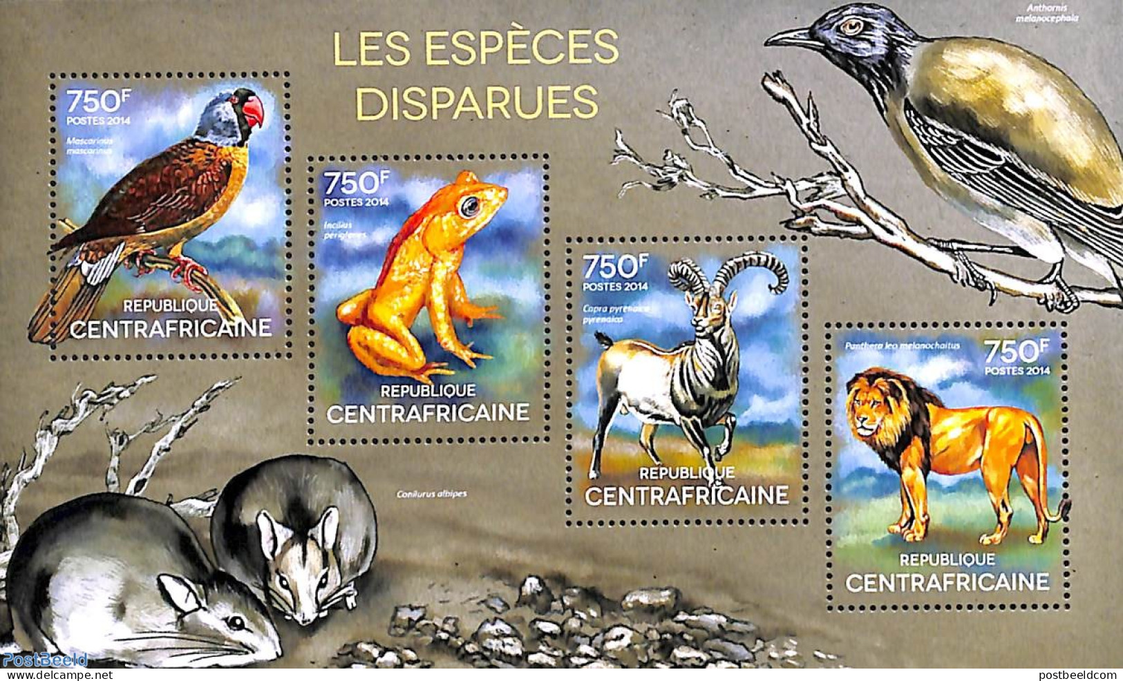 Central Africa 2014 Vanished Species 4v M/s, Mint NH, Nature - Animals (others & Mixed) - Birds - Cat Family - Frogs &.. - Centrafricaine (République)