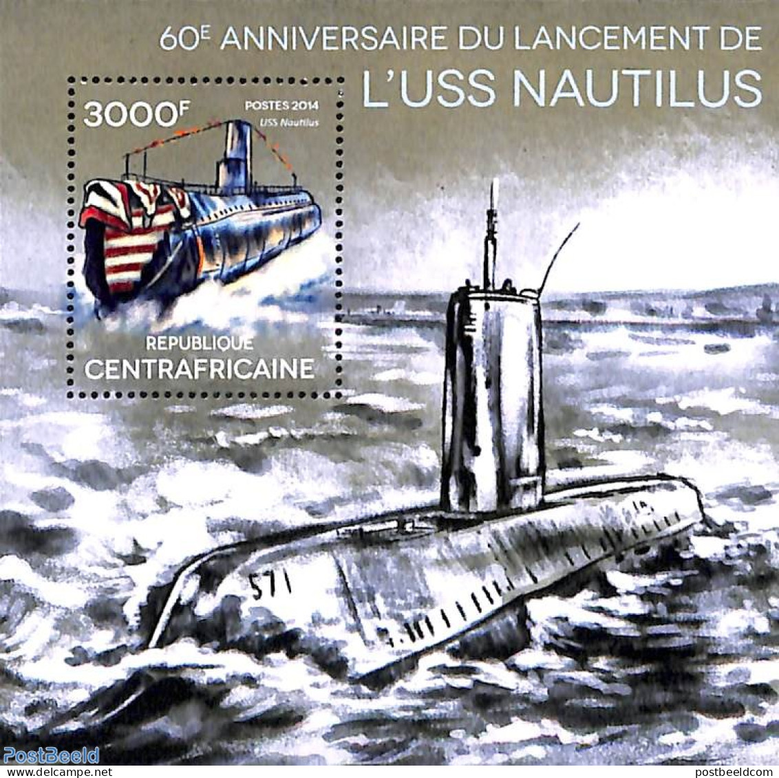 Central Africa 2014 USS Nautilus S/s, Mint NH, Transport - Ships And Boats - Ships