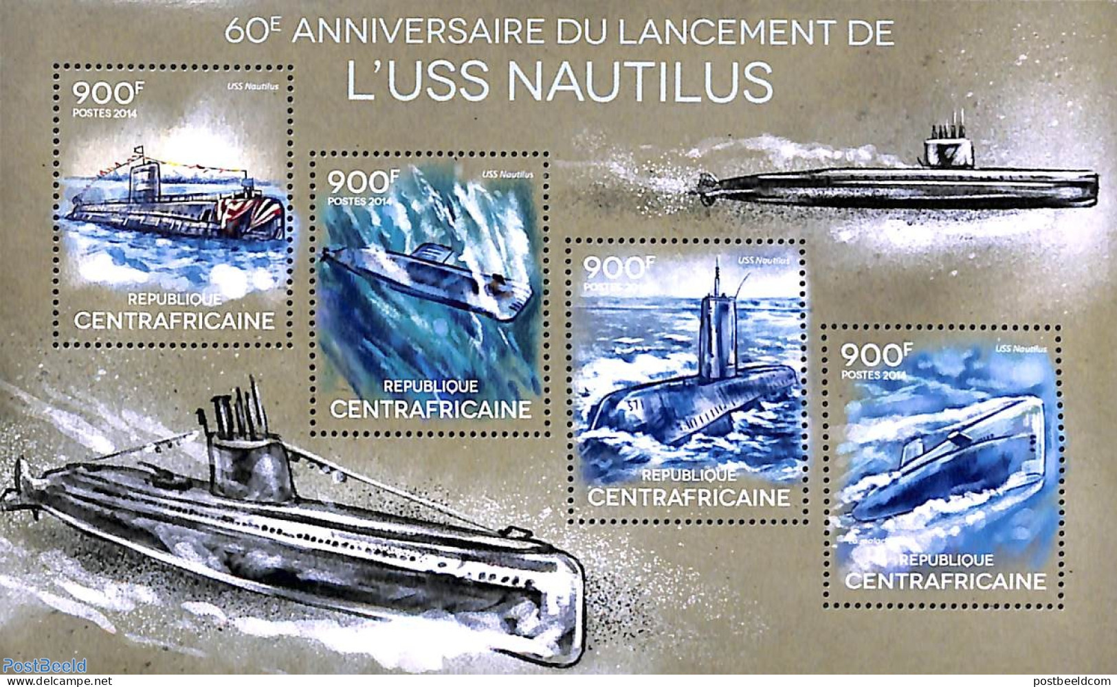 Central Africa 2014 USS Nautilus 4v M/s, Mint NH, Transport - Ships And Boats - Ships