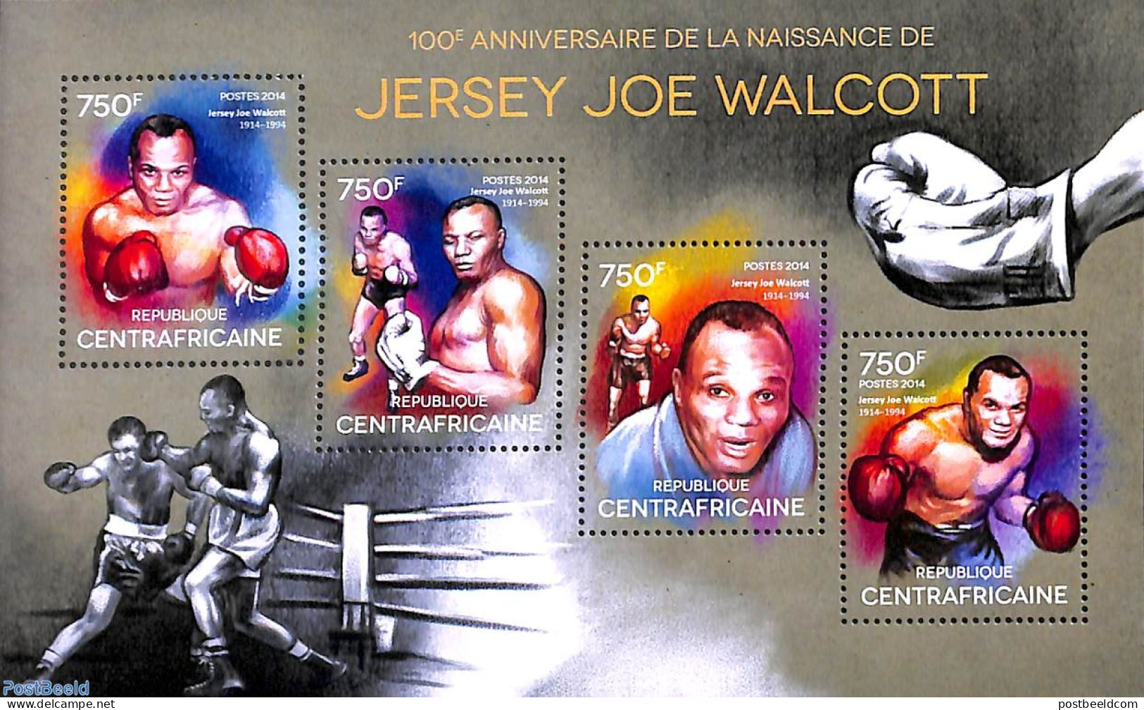 Central Africa 2014 Jersey Joe Walcott 4v M/s, Mint NH, Sport - Boxing - Boxing