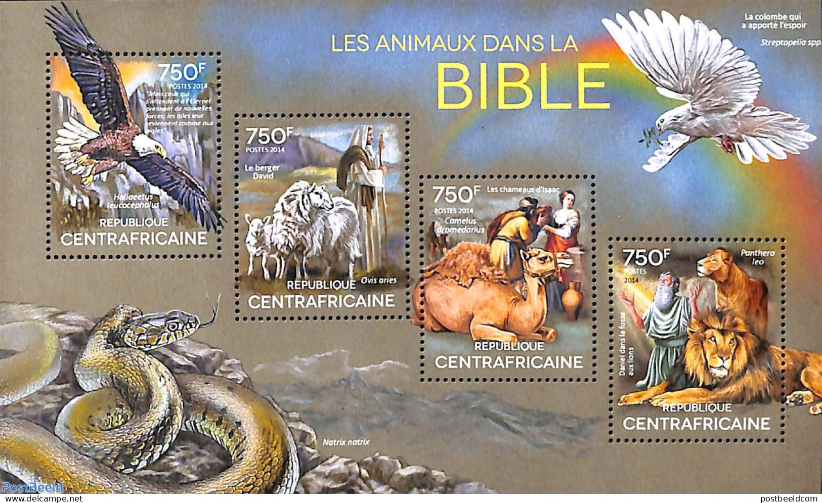 Central Africa 2014 Animals In The Bible 4v M/s, Mint NH, Nature - Religion - Animals (others & Mixed) - Birds - Camel.. - Christianisme
