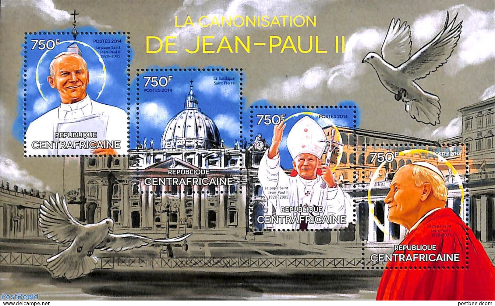 Central Africa 2014 Pope John Paul II 4v M/s, Mint NH, Religion - Pope - Religion - Popes