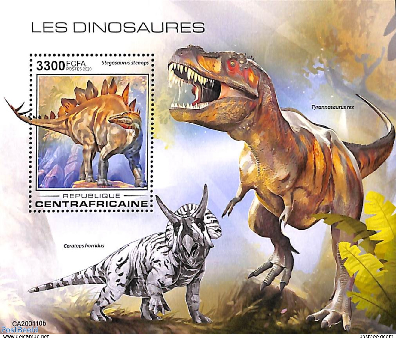 Central Africa 2020 Dinosaurs S/s, Mint NH, Nature - Prehistoric Animals - Vor- U. Frühgeschichte