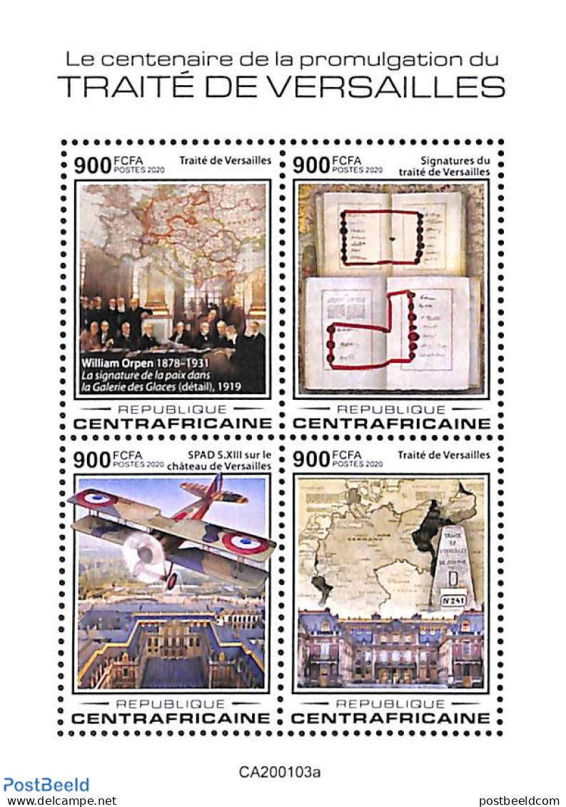 Central Africa 2020 Treaty Of Versailles 4v M/s, Mint NH, History - Transport - Various - Aircraft & Aviation - Maps -.. - Airplanes