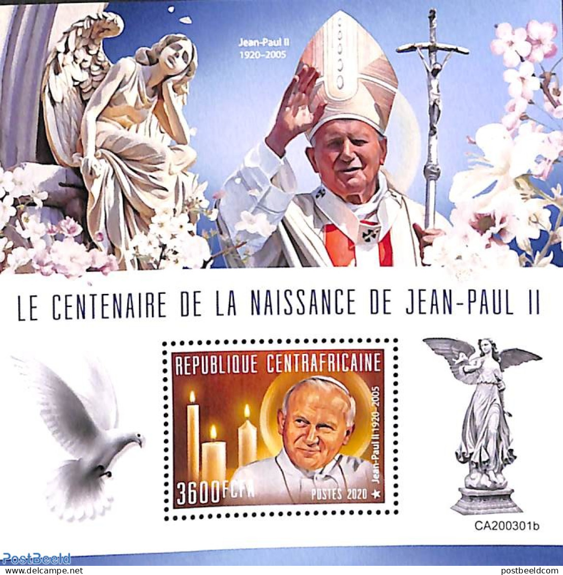 Central Africa 2020 Pope John Paul II S/s, Mint NH, Religion - Pope - Päpste