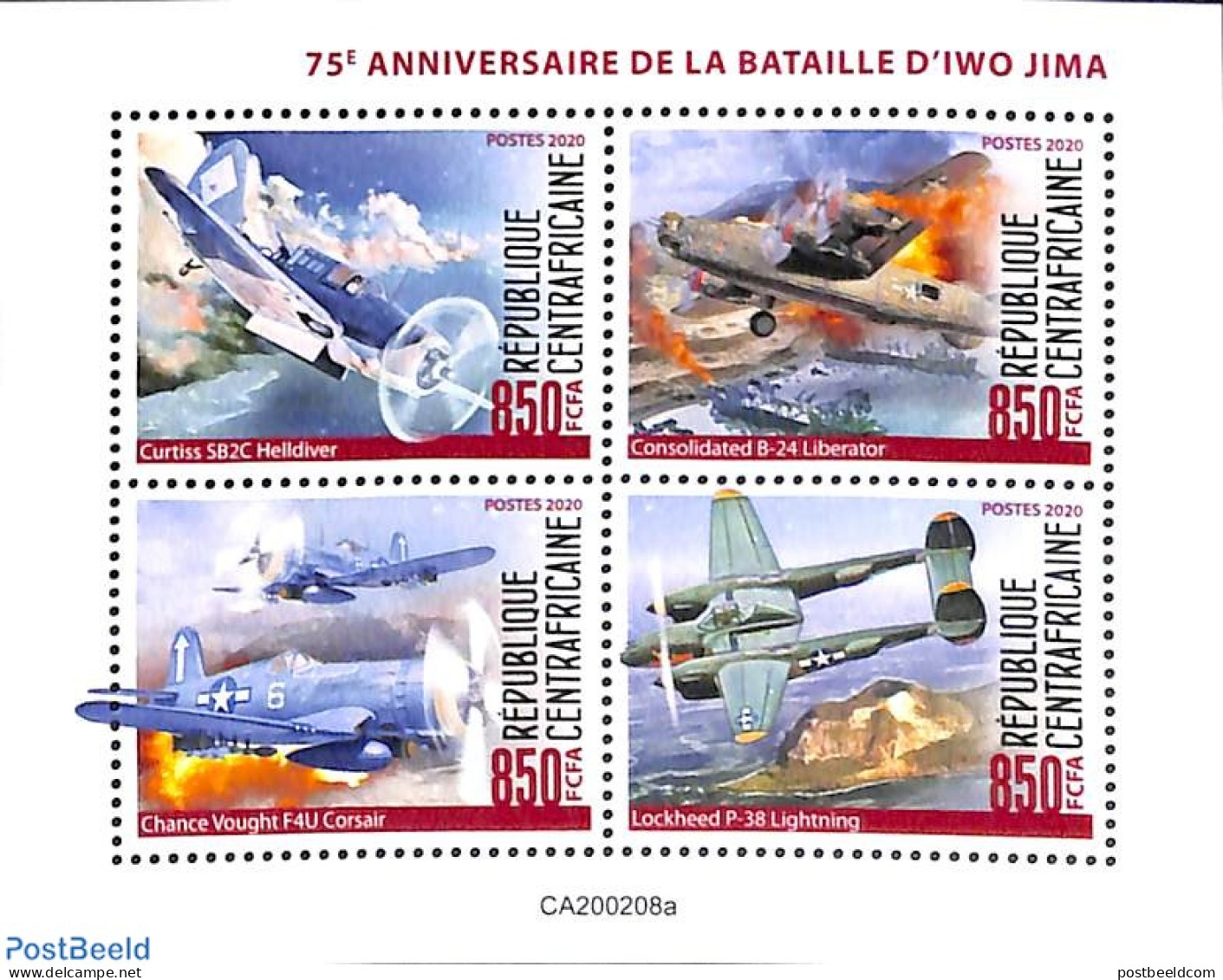 Central Africa 2020 Battle Of Iwo Jima 4v M/s, Mint NH, History - Transport - World War II - Aircraft & Aviation - Guerre Mondiale (Seconde)