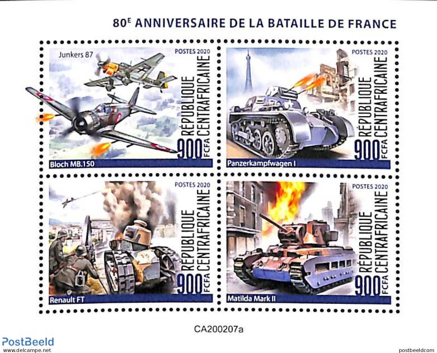 Central Africa 2020 Battle Of France 4v M/s, Mint NH, History - Transport - World War II - Aircraft & Aviation - Guerre Mondiale (Seconde)