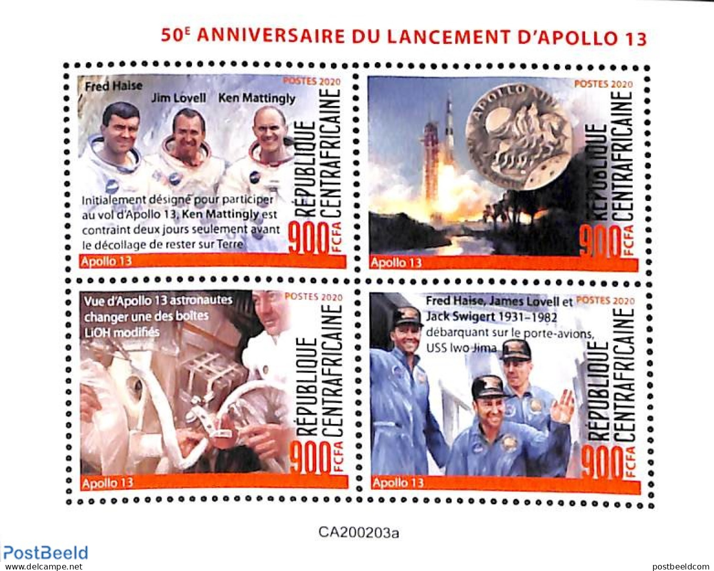 Central Africa 2020 Apollo 13 4v M/s, Mint NH, Transport - Space Exploration - Central African Republic