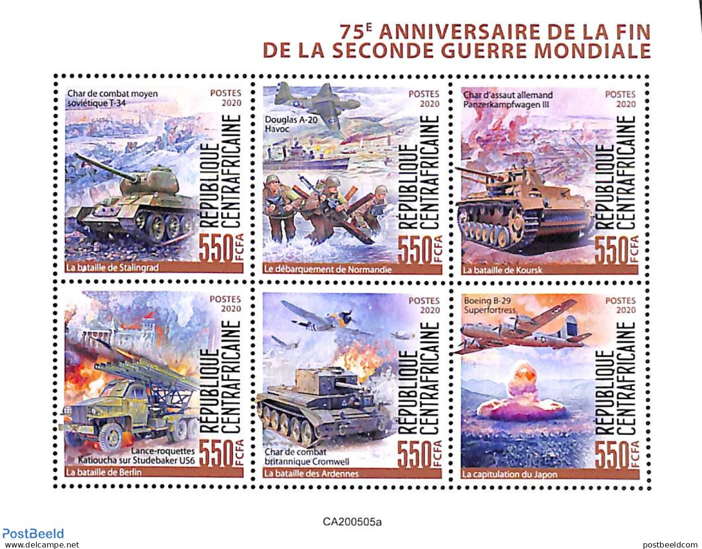 Central Africa 2020 End Of World War II 6v M/s, Mint NH, History - Transport - World War II - Aircraft & Aviation - Sh.. - Guerre Mondiale (Seconde)