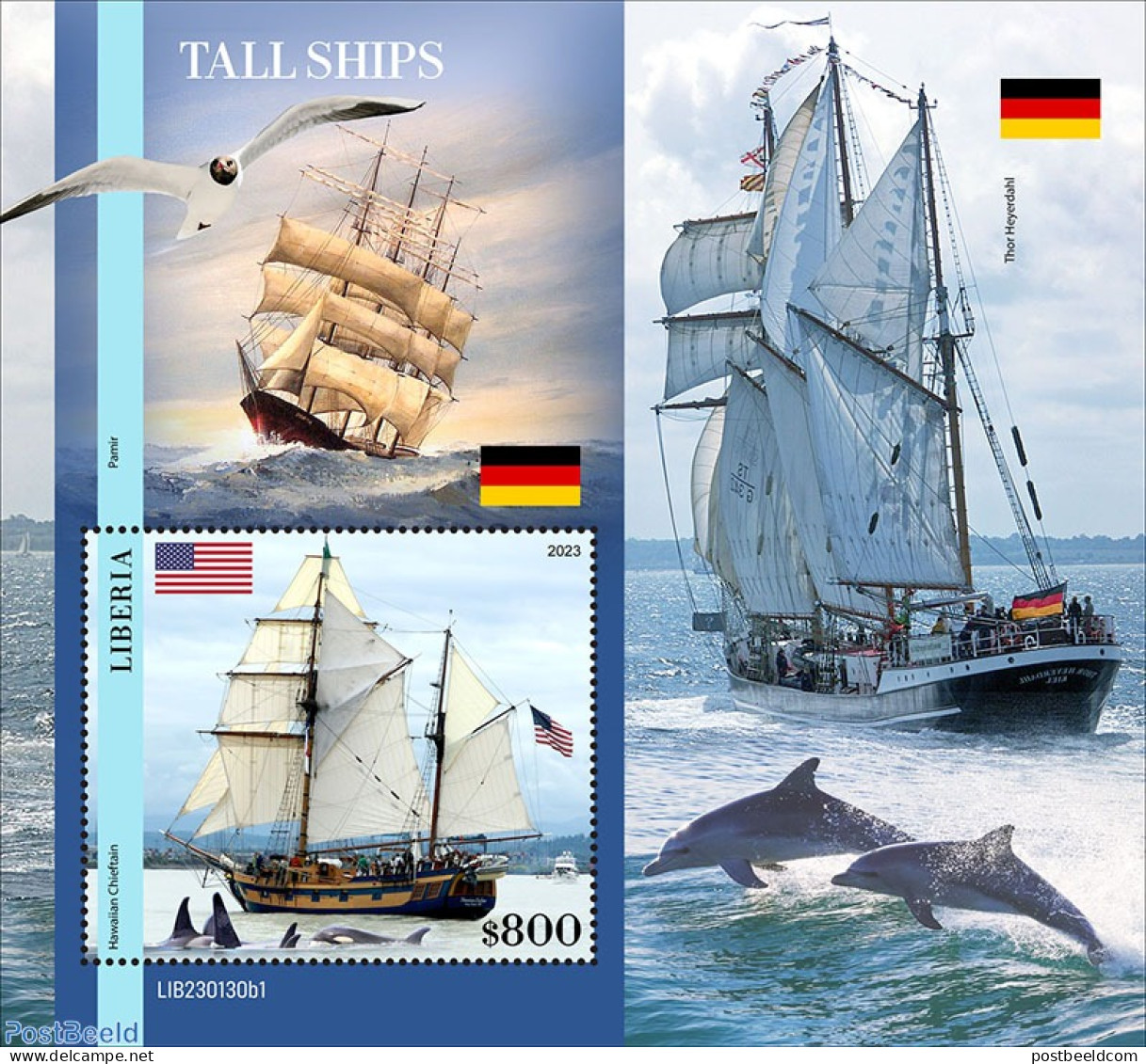 Liberia 2023 Tall Ships , Mint NH, History - Nature - Transport - Flags - Birds - Sea Mammals - Ships And Boats - Bateaux