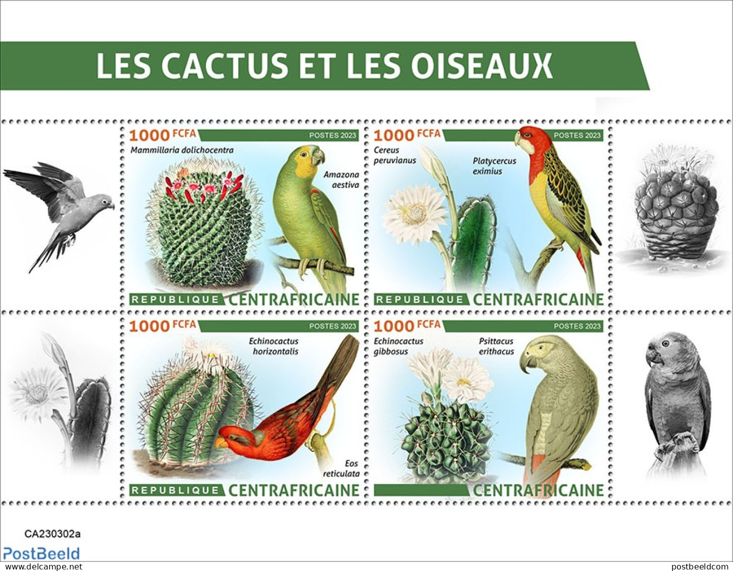 Central Africa 2023 Cactus And Birds, Mint NH, Nature - Birds - Cacti - Flowers & Plants - Parrots - Cactusses