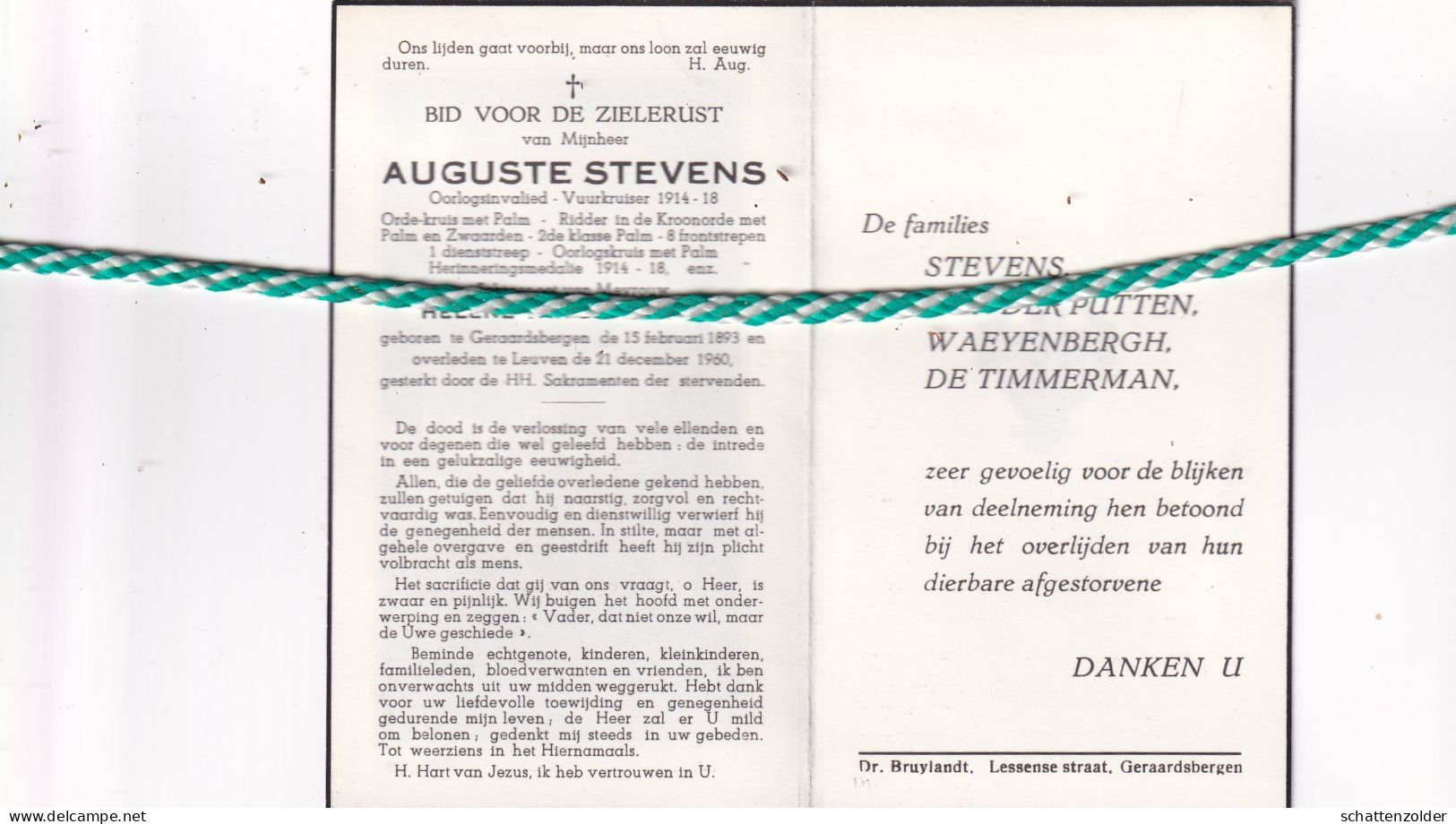 Auguste Stevens-Van Der Putten, Geraardsbergen 1893, Leuven 1960. Vuurkruiser 14-18 - Décès