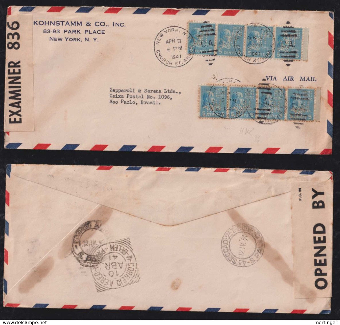 USA 1941 Censor Airmail Cover Perfin HKC NEW YORK To SAO PAULO Brasil - Lettres & Documents