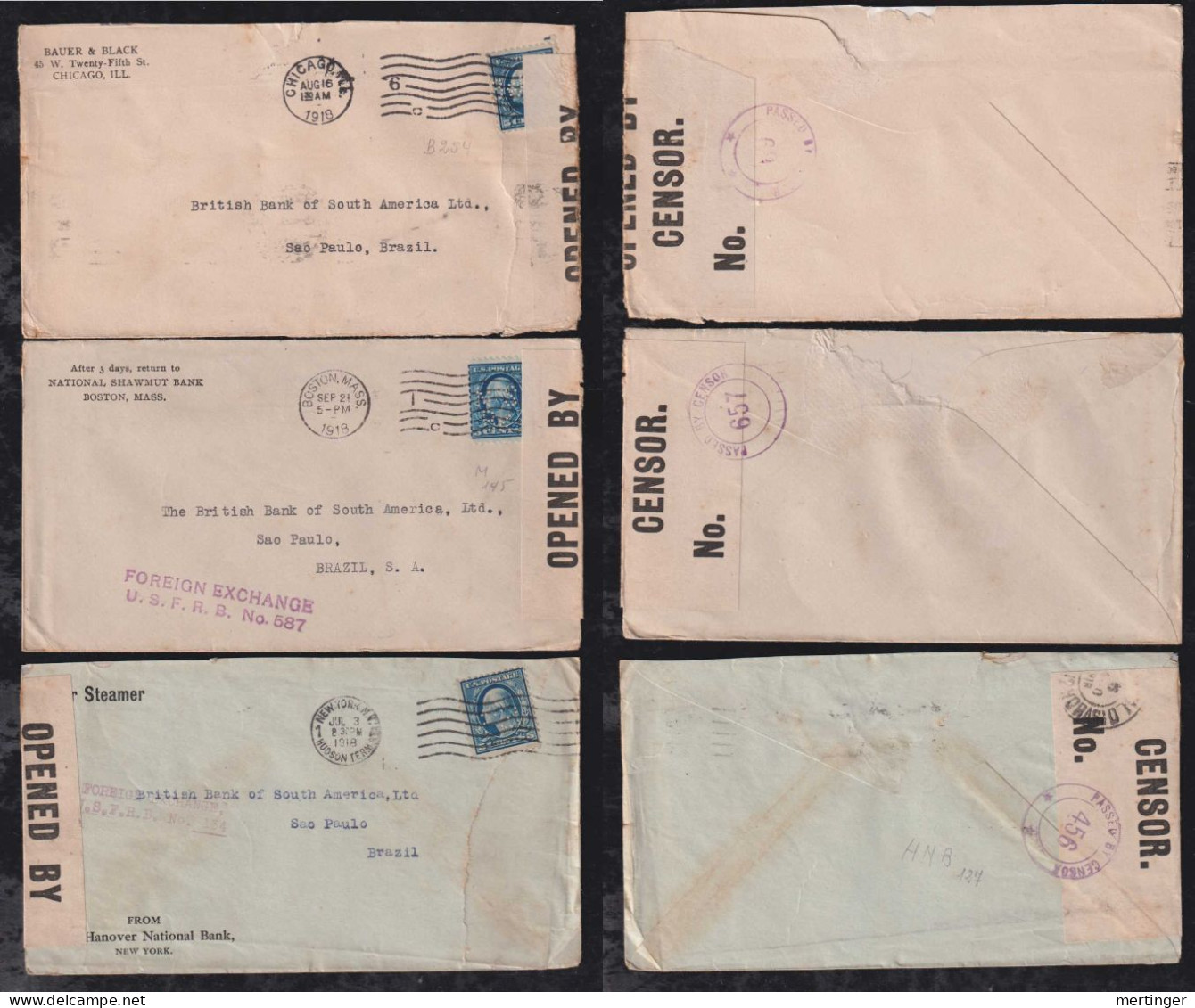USA 1918 3 Censor Cover Perfin Stamps To SAO PAULO Brasil - Lettres & Documents