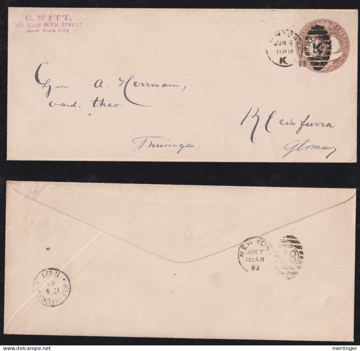 USA 1893 Stationery Envelope 5c NEW YORK X KLEINFURRA Germany - Covers & Documents