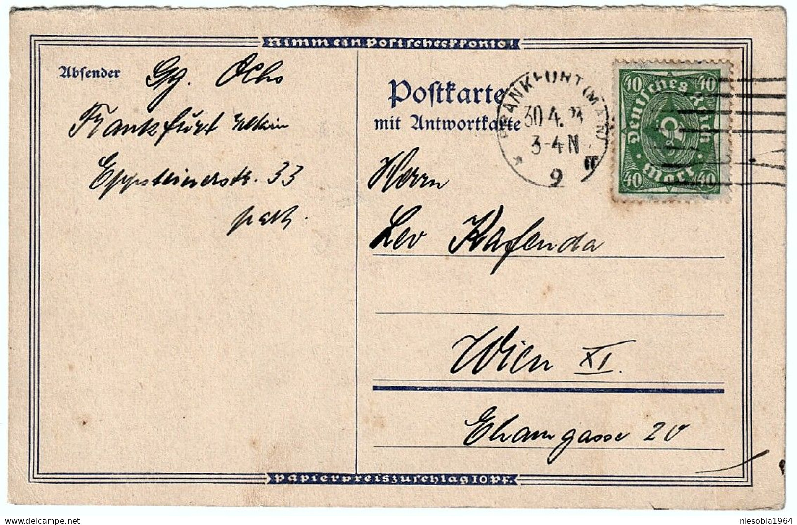 Correspondence Card Georg Ochs - Frankfurt (Main) To Leo Kaffenda Vienna 30 IV 1923 German Reich Mark 40 Marks - Postcards