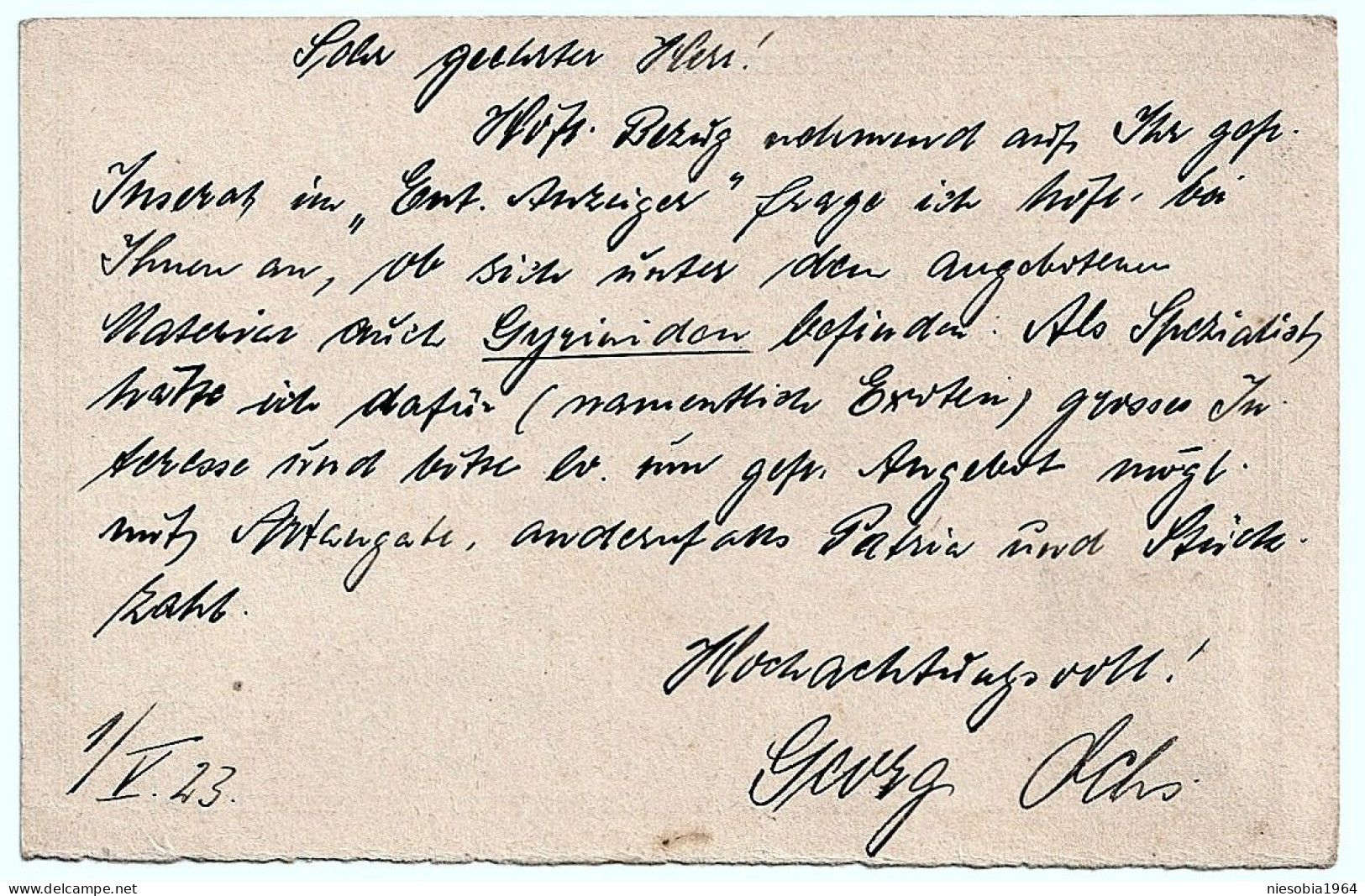 Correspondence Card Georg Ochs - Frankfurt (Main) To Leo Kaffenda Vienna 30 IV 1923 German Reich Mark 40 Marks - Cartes Postales