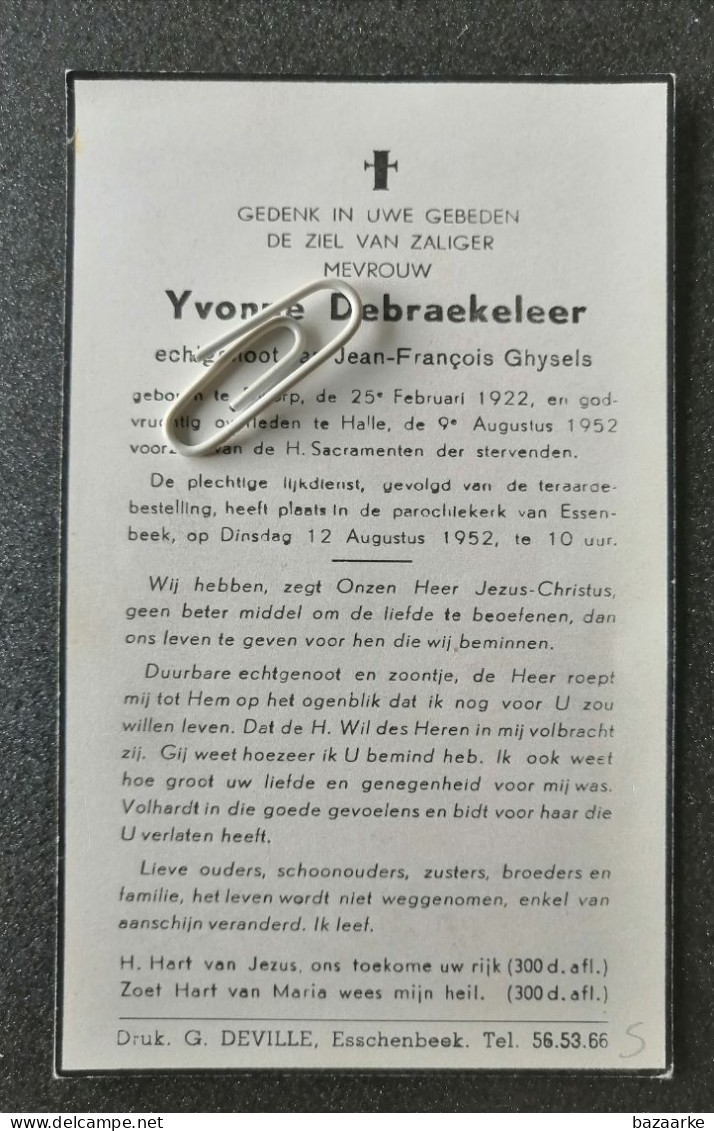 YVONNE DEBRAEKELEER ° DWORP 1922 + HALLE 1952 / JEAN-FRANCOIS GHYSELS - Images Religieuses