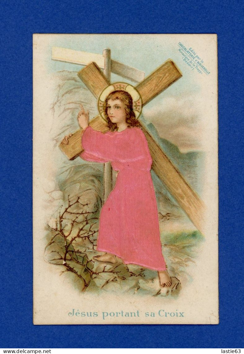 Image Religieuse Souvenir De  N. D. D' Aiguebelle  Jésus Portant La Croix  Robe De   Jésus Tissu Soie - Devotion Images