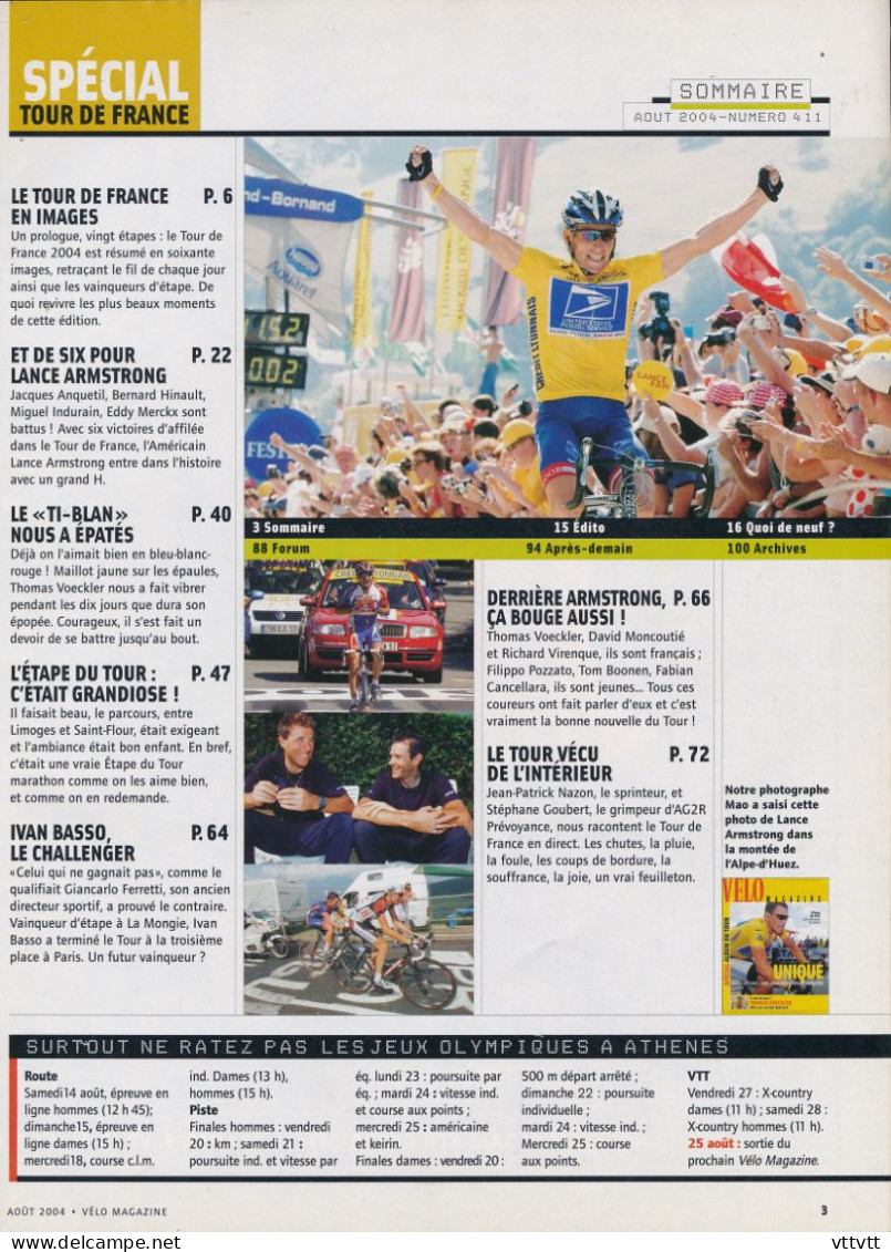 VELO MAGAZINE Août 2004, N° 411, Spécial Album Du Tour De France, Armstrong, Thomas Voeckler, Ivan Basso, Nazon, Goubert - Sport