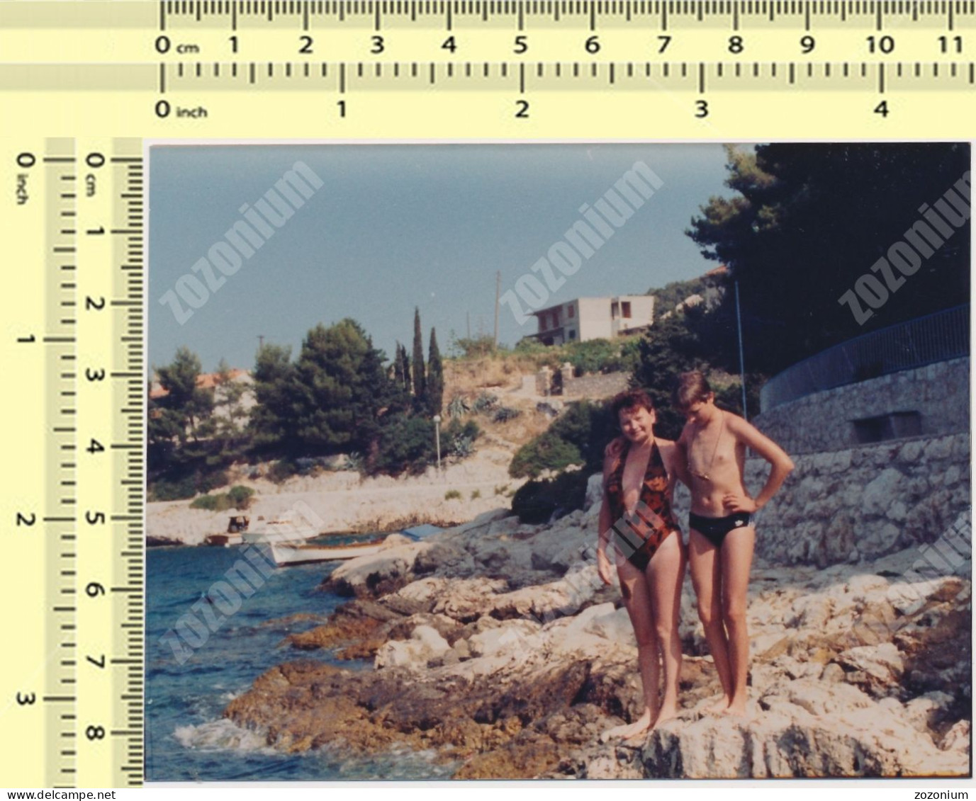 REAL PHOTO, Swimsuit Woman And Boy On Beach Femme Et Garcon Sur Plage Original Snapshot - Anonymous Persons