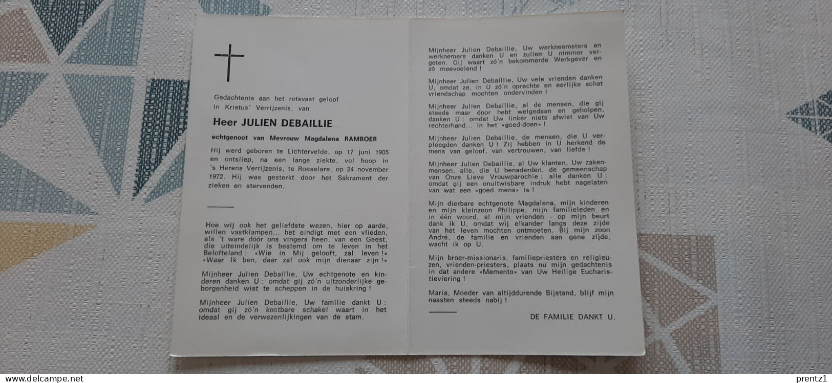 Julien Debaillie Geb. Lichtervelde 1905- Getr. M. Ramboer -gest.Roeselare 24/11/1972 - Images Religieuses
