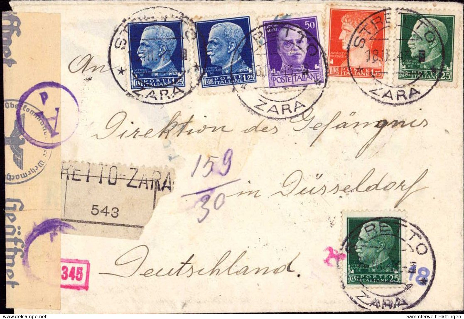 604296 | Italia, Governorate Of Dalmatia, Einschreiben Aus Stretto, Sebenico, Zara An Gefängnis Düsseldorf  | - Covers & Documents