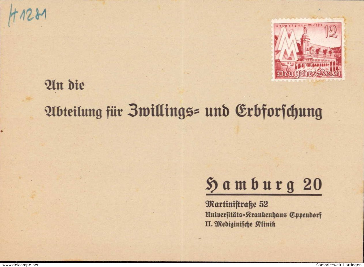 604294 | Vorfrankierter Antwortbrief Der Abteilung Für Zwillings Und Erbforschung, Krankenhaus Hamburg  | Eppendorf (W - - Lettres & Documents