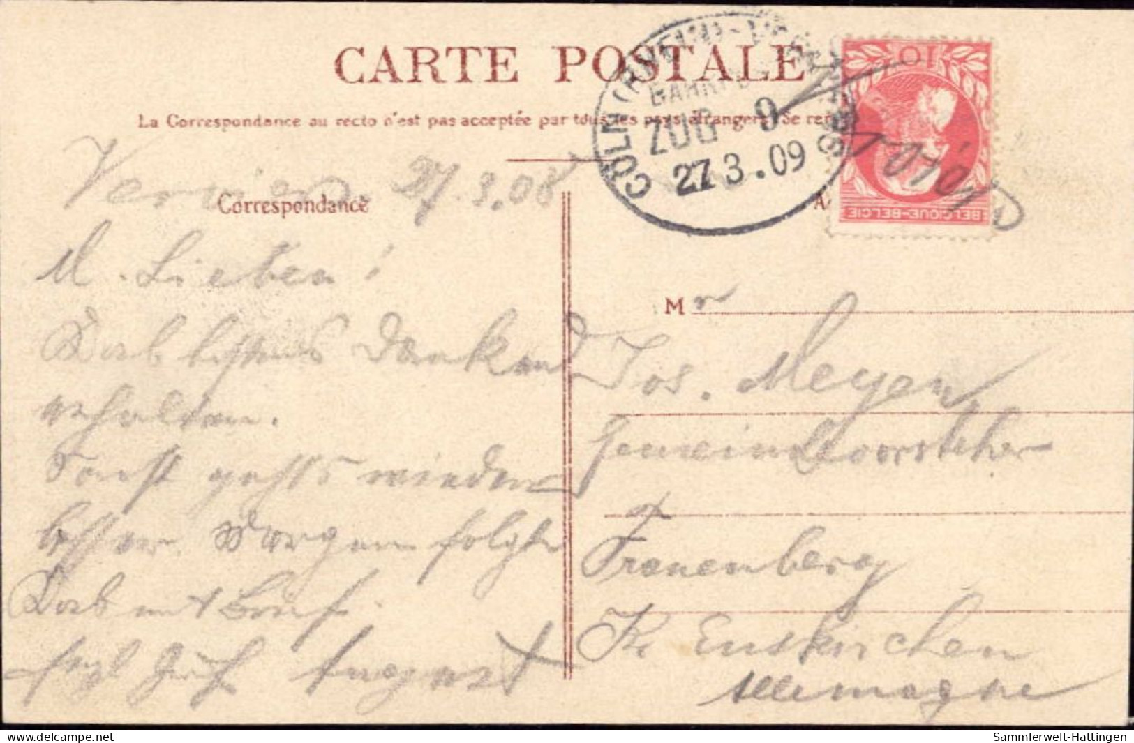 604290 | Postkarte Mit Bahnpoststempel Köln Verviers Mit Handschriftler Entwertung In Verviers  | -, -, - - Enveloppes