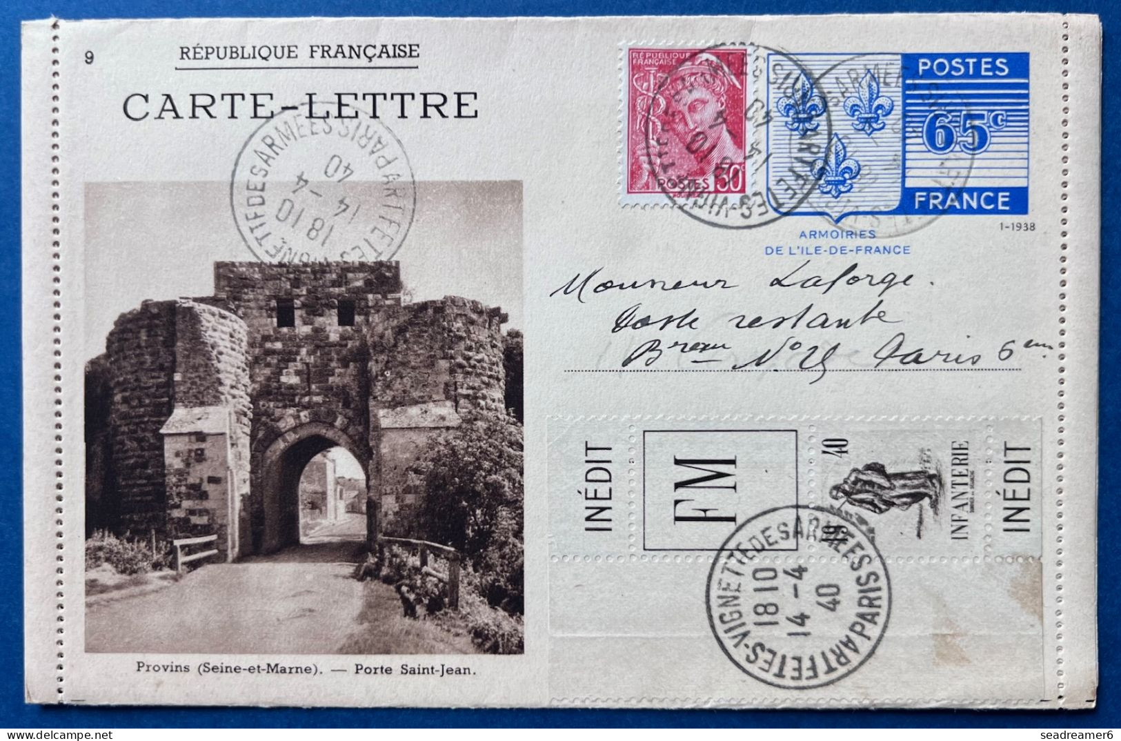 Carte Lettre Armoiries + Vignette FM Infanterie Et Mercure Oblitérés Dateur " ARTFETES-VIGNETTE Des ARMÉES PARIS TTB - Letter Cards