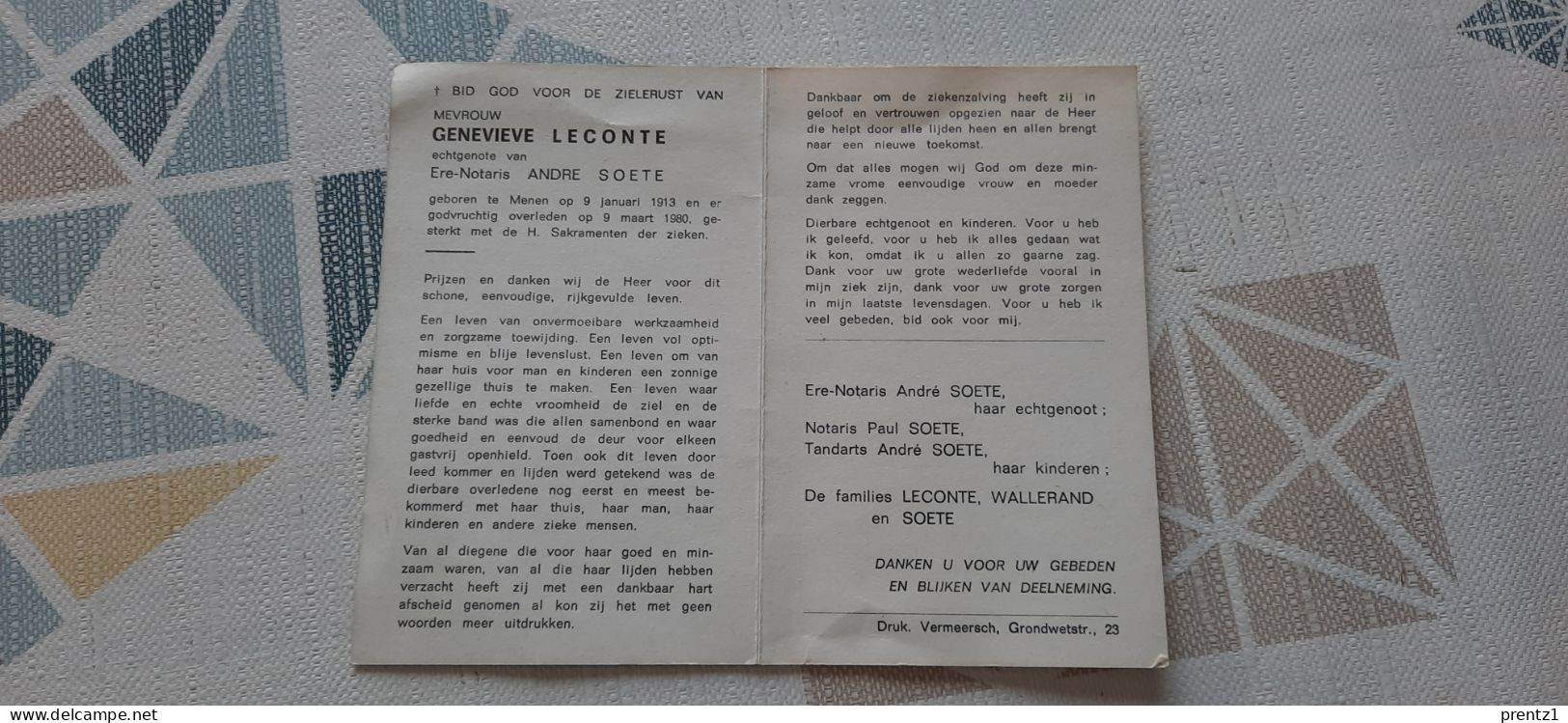 Genevieve Leconte Geb. Menen 1913- Getr. A. Soete Notaris-  Gest. 9/03/1980 - Devotion Images