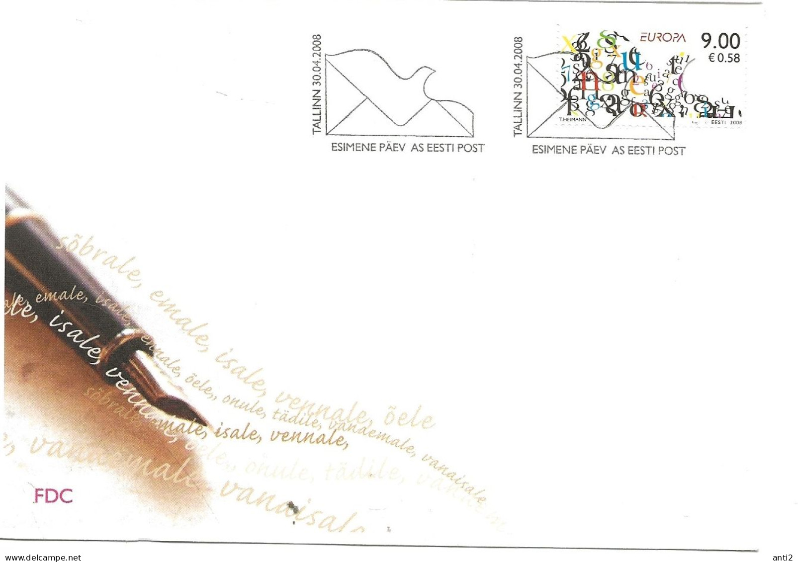 Estonia Eesti Estland 2008  Europe: The Letter.Letters And Numbers Form The Outline Of A Dove Mi 615 FDC - Estonia