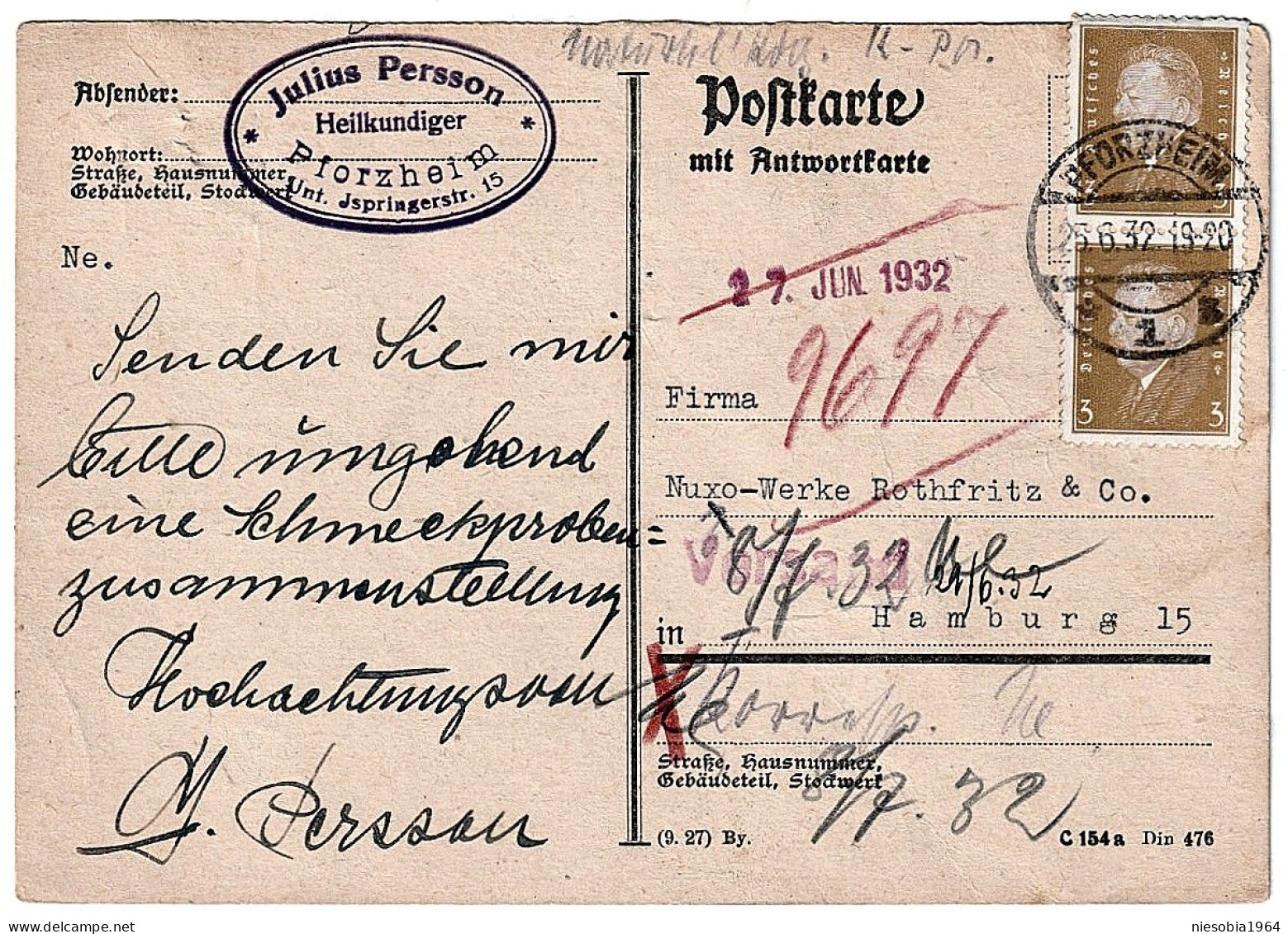 Julius Persson Heilkundiger Pfroheim Unter Springerstraße 15 Siegel Pforzheim 25.06.1932 - Cartes Postales