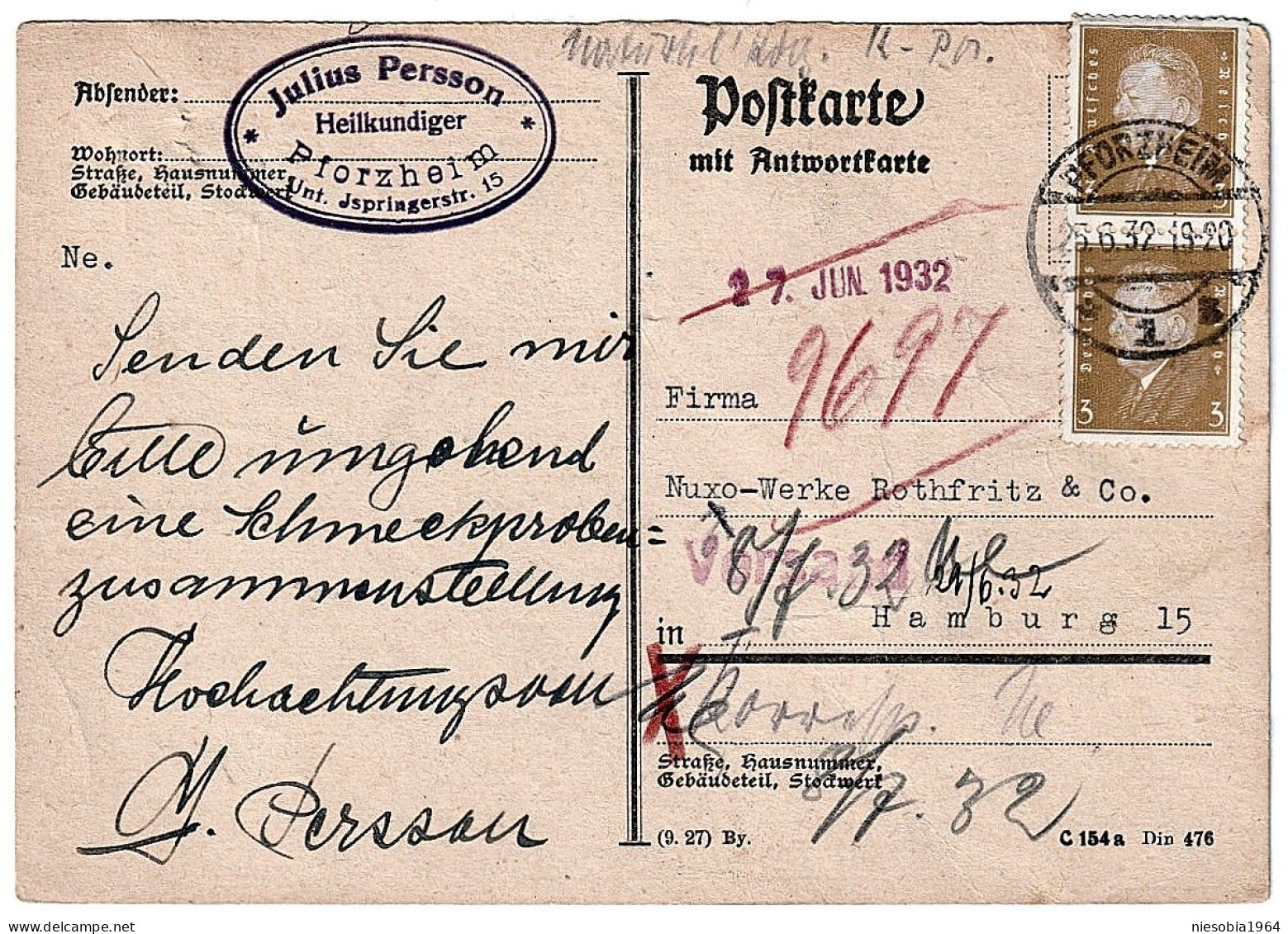 Julius Persson Heilkundiger Pfroheim Unter Springerstraße 15 Siegel Pforzheim 25.06.1932 - Postcards